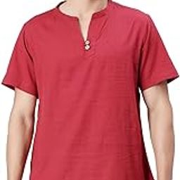 Mens Red Half Sleeves Pure Cotton Short Kurta-image-8