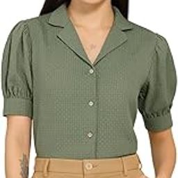 Women Sage Green Solid Texture Polyester Puff Sleeve Formal Shirt-20