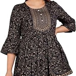 Women's Cotton Blend Printed Tunic Top, 3/4 Sleeve, V-Neck, Black with Gold Pattern, Regular Fit-38