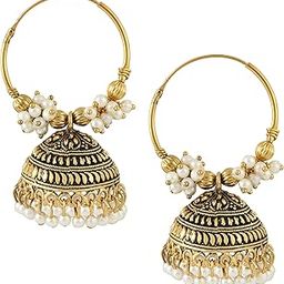 meenaz Traditional Wedding Temple 22kt Gold oxidised Meenakari Ethnic Antique South Indian Round Pearl Moti Big Hoop Bali Jhumkas Jhumka jhumki Earrings set Ear rings For Women girls Ladies -M632-picture-18
