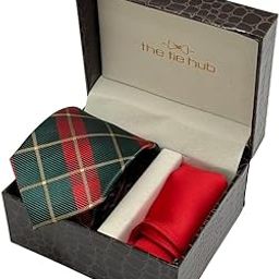 Green & Red Checkered Necktie with Red Pocket Square Combo for Men-picture-26