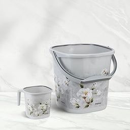 Nayasa Plastic Square Ring Marble 2 Pcs Bathroom Set | Bucket 18 L + Mug 1.5 L | Bathroom Accessory Set Plastic | Bathroom Set | Bath Set for Bathroom | Grey-32