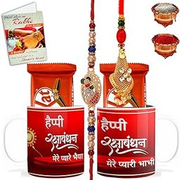 Designer Rakhi Set for Brother Bhabhi, Rakhi Set with 2 Printed Coffee Mugs - Rakhi Gift Sets for Brother & Bhabhi with Chocolate, Coffee Mugs, Greetings Card & Roli Chawal-BCRakhi-L-03_D-02_Mug-BB-image-52