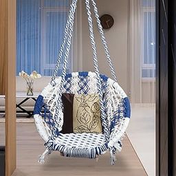 Regular Indoor Outdoor Round Hanging Swing Chair (Cotton, White,Blue 150 * 65 * 72 cm)-image-2