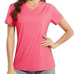 Women's Rash Guard Short Sleeve V Neck UPF 50+ Sun Protection Clothing Quick Dry UV SPF Swim Shirts, Rose Red, L-image-53