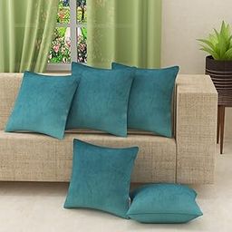 Stuffique Velvet Pillow Solid Plain 190 TC Cushion Covers Set of 5 (16 X 16 Inch) Turquoise-21