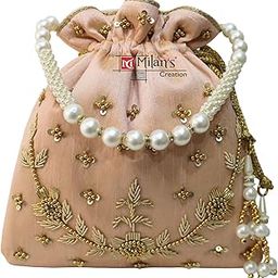 Pearl & Zardosi Potli Bag Hand Embroidery Drawstring Potli Women's Handbag Purse With Pearl Handle & Tassel Purse-image-31