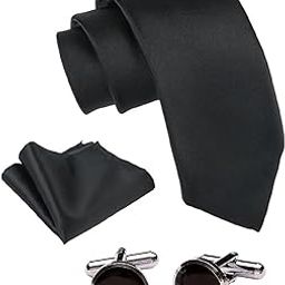Solid Black Italian Silk Tie, Pocket Square & Matching Cufflink Gift Set for Men – 2.75" Slim Necktie, 10x10 Handkerchief, Brass Cufflinks – Elegant Formal Accessories in Wooden Gift Box-image-48