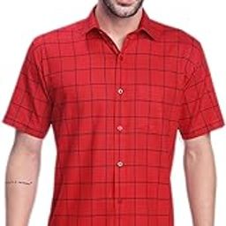 Men's Red Checkered Shirt – Cotton | Casual Short Sleeve Shirts for Men-image-74
