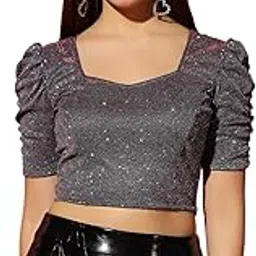 vaararo Glitter Lycra Readymade Blouse Tops for Women | Party Ruched Sleeves Outfit-picture-2