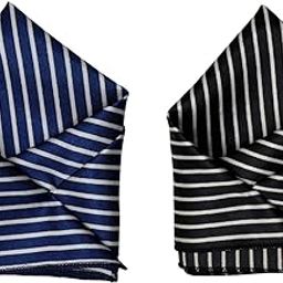 Men's Satin Pocket Square Set - Navy Blue & Black with White Stripes - Elegant Formal & Handkerchief-image-64