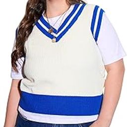 Curve Royal Blue & White Striped V-Neck Sweater Vest-image-1