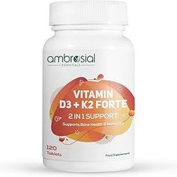 Ambrosial Vitamin D3 K2 Forte | Vitamin D3 (600 IU) with MK-7 Vitamin K2 | High Absorption Daily Supplement | Plant-Based Formula | 120 Tablets-86