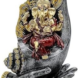 SRI Balaji Products Lord Ganesha Statue on Palm Hand ? Gold and Red, 8.5 x 7 inch | Handmade Hindu Idol, Spiritual Home Decor, Pooja Room Figurine-image-5