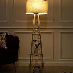 Modern Floor Lamp with Storage Shelves, Wooden Tripod Stand, Drum Shade, Warm Light-18