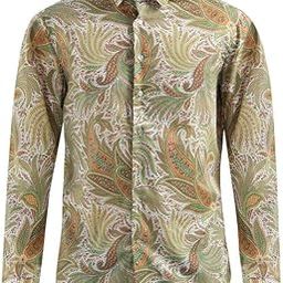 Men's Paisley Print Long Sleeve Button-Down Shirt, Green and Orange Pattern-image-47