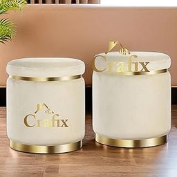 Crafix Set of 2 Puffy Ottoman Stools and Footstools in Velvet for Sitting and Room Décor Round Ottoman Stool for Living Room furnishings- (Cream)-image-22
