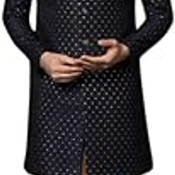 Men's Indo-Western Sherwani Trouser Set, Black Cotton, Jacquard Regular Fit Mandarin Collar Long Sleeves-image-33
