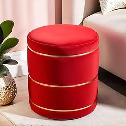 BULKWOOD Round Ottoman Foot Rest Stool with Non-Skid Wooden Legs and Padded Seat Pouf Made of Velvet and Linen Fabric-Red-image-51