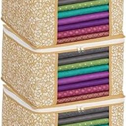 INNWYN Set of 3 Non-Woven Printed Saree Cover/Cloth Storage/Organizer with Transparent Window (Beige Flower), 40cm x 33cm x 22cm (Beige - Pack of 3)-image-82