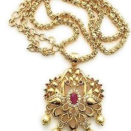 Traditional Gold Plated AD Stone Studded Pendant Chain Necklace for Women-image-44