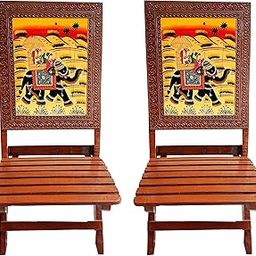 SAARTHI Rajasthani Dhola Maru Handmade Wooden Ethinic Antique Designer Folding Chairs Set for Home| Decor| Office| Garden| Outdoor| Indoor| Balcony| Launge| Lawn| Cafe| Bar| Living Room| Bedroom Room| Childern Room Decor| Outdoor Sitting , Multicolour - Set of 2-7