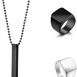 COLOUR OUR DREAMS Trending Alloy Metal Finger Ring Set With Black Cuboid Rectangle Neck Pendant For Boys And Men-image-45