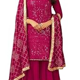 Women's Faux Georgette Embroidered Traditional Straight Kurta with Sharara and Dupatta Set-image-93