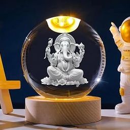 3D Crystal Ball LED Night Lamp with Ganesh ji Design, 10 cm Glass Sphere, Wooden Base, White and Gold-image-5