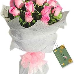 Fresh Flower Bouquet of 8 Pink Roses in Paper Packing-image-23