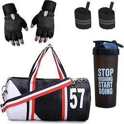 GROUPERS Duffle PU Leather Bag with Shaker Bottle-700ml, Gloves & Wrist Band (Black White)-16