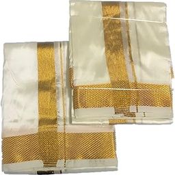 Veshti for menMen's Dhoti Mundu Lungi with Angavastram Shawl Towel Silk Blend Pattu Off-White with Gold Border-image-17