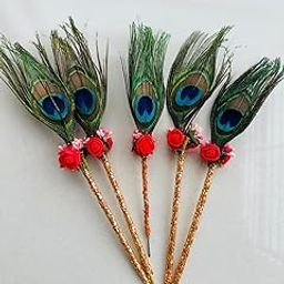 Sparnux Original Natural Peacock Feather Stick | Morpankhi with Ribbon & Decorative Rose for Wedding Pooja Home Decor Items Multicolor (Pack of 5)-image-60