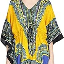 Women's and Girl's Short Dashiki Print Kaftan Dress Beach Wear Kimono Nighty (Large, Yellow)-22