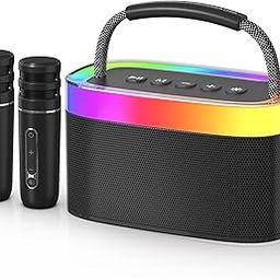 Karaoke Machine with 2 Wireless Microphones, Bluetooth Speaker with Bass/Treble Adjustment, RGB LED Lights, Portable Karaoke Machine for Adults & Kids, Support TF Card, AUX in (Black)-5