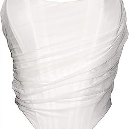 Mesh Corset Crop Top Bustier Underbust Boned Backless Sleeveless Strapless Off Shoulder Aesthetic for Women Y2K, White, 10-12-image-34