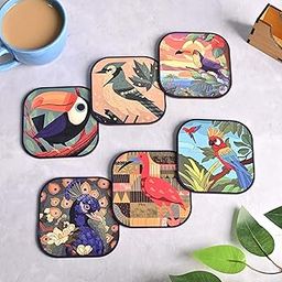 GKD Coaster Set of 6 Birds Design Wooden Coasters to Serve Tea Cups, Coffee Mugs and Glasses (3.8 x 3.8 inch) (Birds) (Ecofriendly)-9