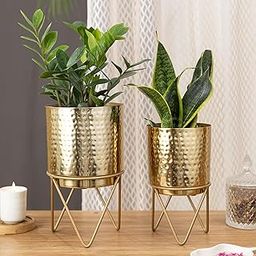 HomeShastra® Elle Gold Hammered Metal Planter Set with Stand | 12 Inch & 10 (Height) by 7 Inch & 6 Inch (Dia) | Planters for Living Room, Bedroom Decor (Pack of 2)-13