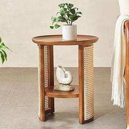 vodrohome Rattan Coffee Side Table with Shelf for Storage – Bohemian Solid Mango Wood Side Table Office and Living Room S#045-image-25