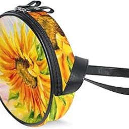 Sunflower Oil Painting Art Round Crossbody Bag Circle Purse Messenger Bag, Flowers44, L-18