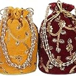 Sainik's Ethnic Silk Potli Combo, Potli with Moti Handle to Carry/Batwa Bag Bridal Purse Women handbag Shagun Pouch Return Gifts MultiColors-43
