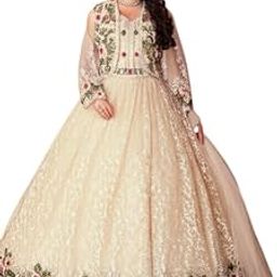 Designer Net Anarkali Gown, Cream with Floral Embroidery, Full Length-picture-22