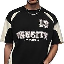 Colourblock T-Shirt: Varsity League Men and Boys Short Sleeves Round Neck Black Graphic Printed Cotton Oversized T-Shirts-picture-1