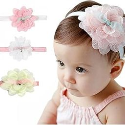 Baby Girl Headbands, Floral Hair Accessories with Lace Flowers, Pink White Yellow, Set of 3-picture-35
