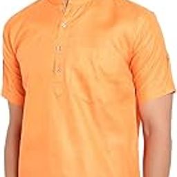 Men's Magic Cotton Solid Plain Half Baju Sleeve Short Casual Party Regular Wear Kurta T-Shirt-image-73