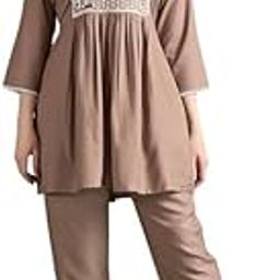 Women's Rayon Kurta Set with Printed Panel, V-Neck, Long Sleeves | Ethnic Wear for Daily & Festive Use (in, Alpha, M, Black) (XXL, CHIKU)-image-2