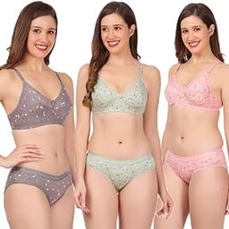 Women Full Coverage Non Padded Wirefree Pure Cotton Multicolor Floral Print Bra Panty Set 3 Pack Combo-picture-9
