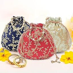 Kuber Industries Pack of 3 Potli Bags for Ladies & Girls | Shagun Pouches for Festive Seasons | Embroidery Bridal Purse -Dark Blue, Green & Red-image-85