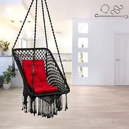 Swing/Swing for Balcony/Swing for Adults/Jhula/Swing Chair for Adults for Home/Hammock Swing for Adults/Swing for Living Room/Swing for Outdoor Premium Rectangular Swing Chair with Red Cushion-Black-image-15