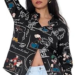 Back Tie Up Shirt: Popeye Women and Girls Long Sleeves Collared Neck Button Front Black All Over Printed Viscose Blend Regular Fit Shirts-image-62